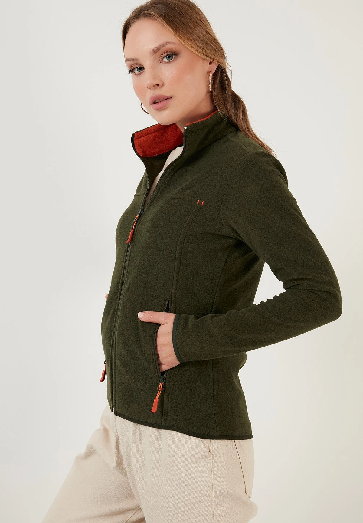 LELA High Collar Zipper- Fleecejas - Khaki - Afbeelding 4