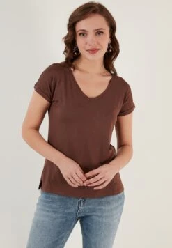 LELA V Neck- T-Shirt Basic - Brown